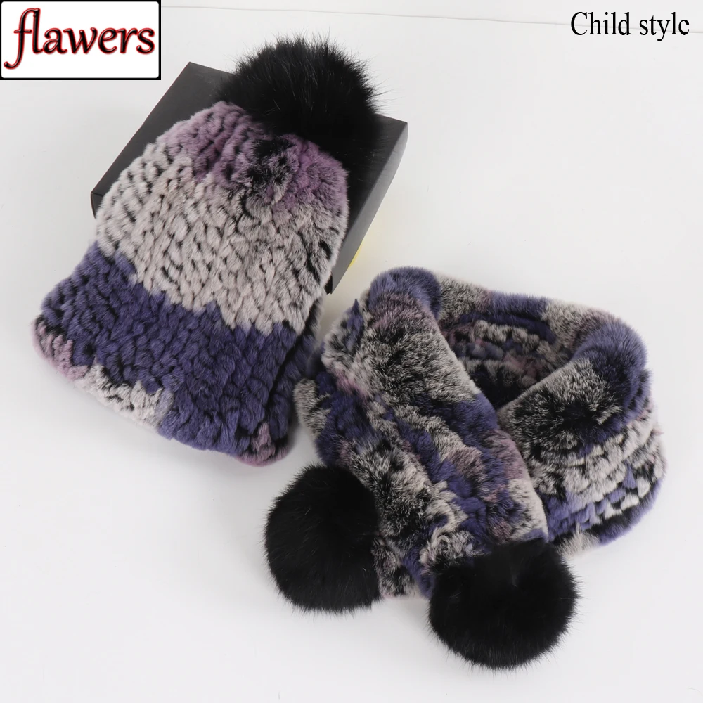 New Winter Child Real Fur Caps Muffler Set Natural Warm Rex Rabbit Fur Hats Scarves Children Real Rex Rabbit Fur Hat Scarf Sets