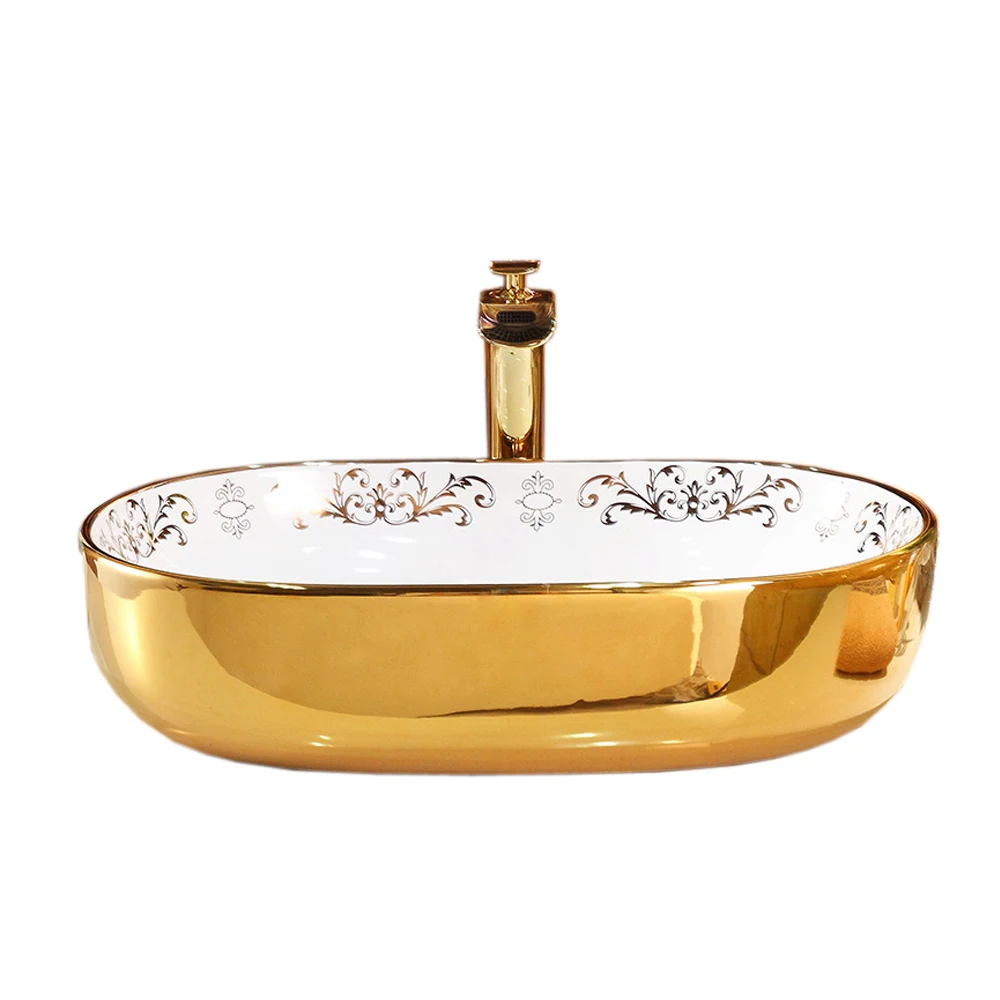 Electroplated sanitary wares sink ceramic hang wash gold basin golden sink