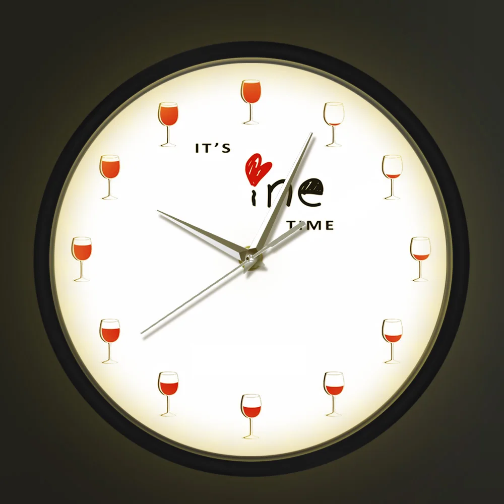 It's Wine Time Sound Control LED Wall Clocks Alcohol Wine Glass Silent Movement Geek Decoration Mute Horologe Drinker Lover Gift