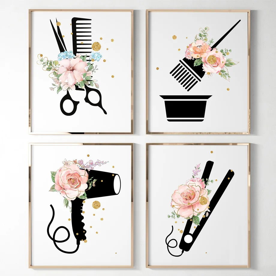 

Hair Salon Scissors Hair Dryer Shampoo Curling iron Wall Art Canvas Painting Nordic Posters And Print Decor Pictures Living Room