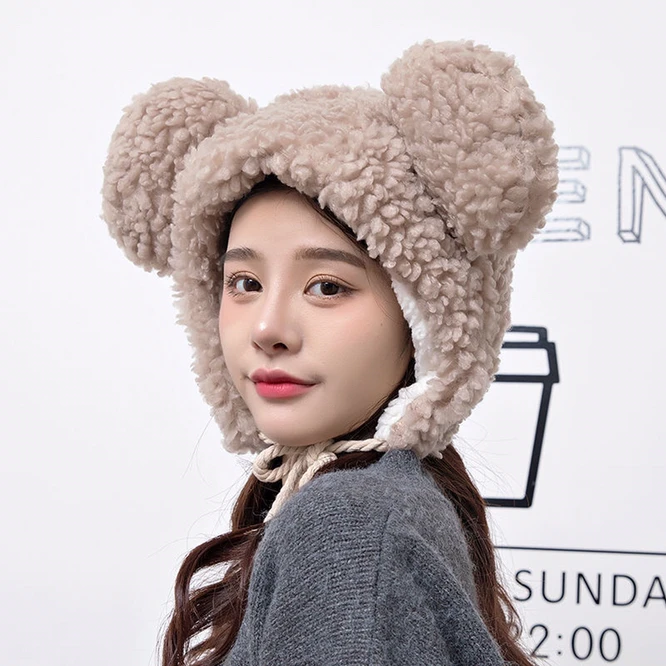 Winter Women Warm  Plush Thickened Cute Bear Hat Imitation Cashmere Girl Outdoor Cartoon Hat Interesting And Novel Pink