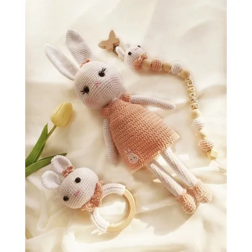 Hand-Knitted Rabbit Baby-Rattlesnake Teether baby Pacifier Chain Set