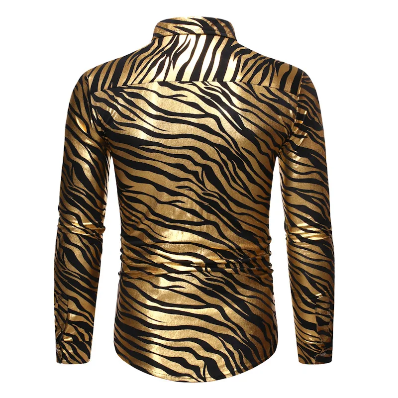 Men's 70s Metallic Gold Zebra Print Disco Shirt 2023 Brand New Slim Fit Long Sleeve Mens Dress Shirts Party Prom Stage Chemise