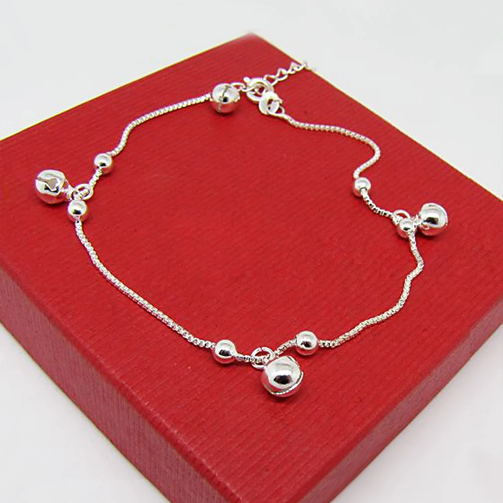 Luksusowa biżuteria marki Cute Small Bell Anklet Box Chain dla kobiet 925 Sterling Silver Anklet Bracelet on Leg Ladies Foot Jewelry