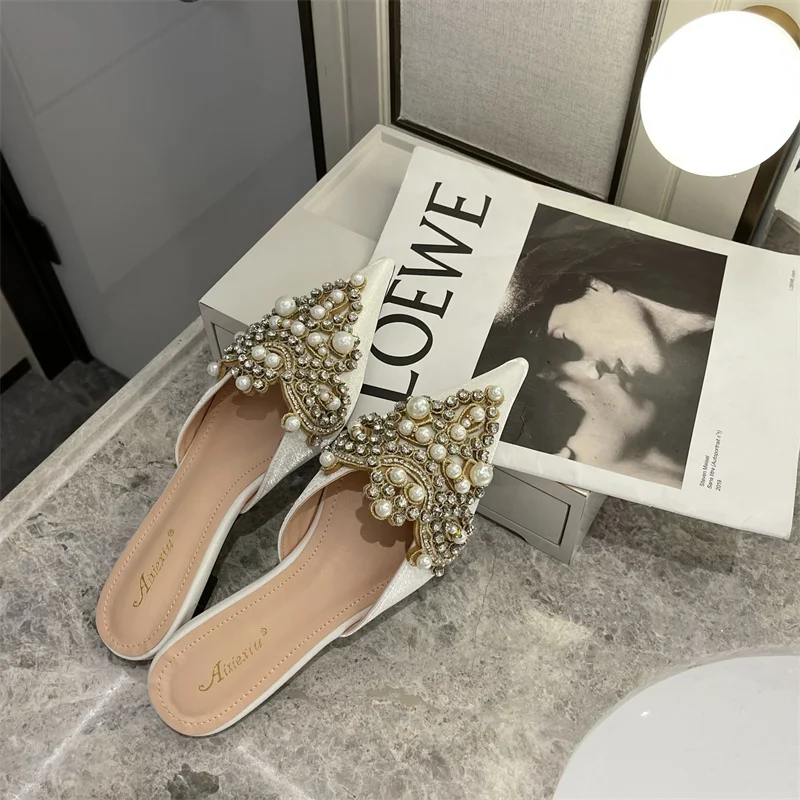 Pointed Toe Women Slippers Slides Lace Pearl Crystal Flats Heeled Black White Shallow Slip On Mules Shoes Slides Party Sandals