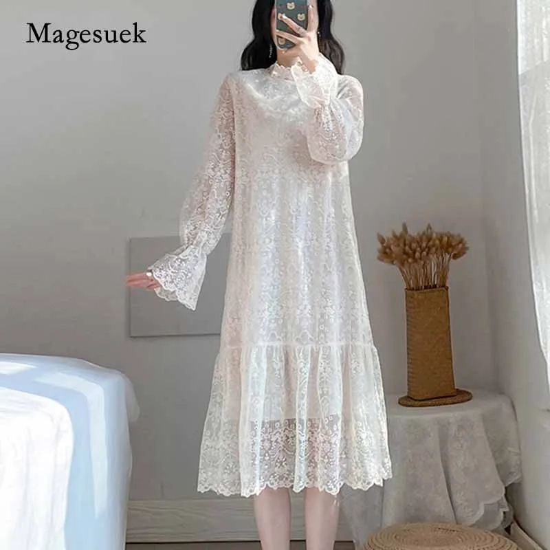 Solid A-Line Flare Sleeve Stand-up Collar Dress 2020 Autumn Sweet Temperament Lace Dress Mid-length Mid-calf  Long Dress 12044