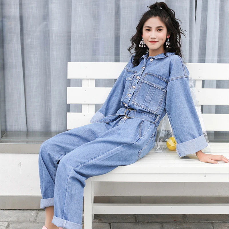 2019 Autumn Spring Long Sleeve Denim Jumpsuit Women Casual Ankle-Length Pants With Belt Jeans Overalls Fashion Ladies Rompers