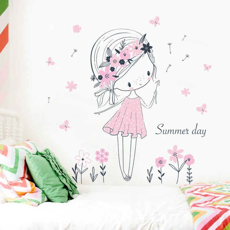Schöner Sommer-Mädchen-Wandaufkleber für Mädchenzimmer-Dekoration, Tapete, Niedliche Rosa Serie, Kinderzimmer-Deko, Selbstklebende Aufkleber – Detail 3