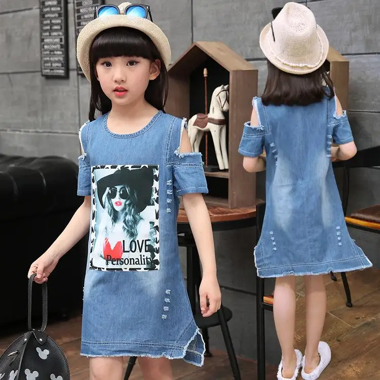 YUBAOBEI Denim Dresses for Girls Children Casual Blue Denim Strapless Dress Summer Teen Fashion Short Sleeve Pattern Frock