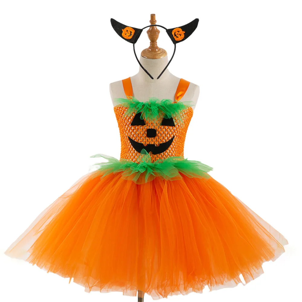 

Halloween New Cartoon Pumpkin Baby Girls Tutu Dresses with Headband Fluffy Tulle Girls Dress for Halloween Party Cosplay Clothes