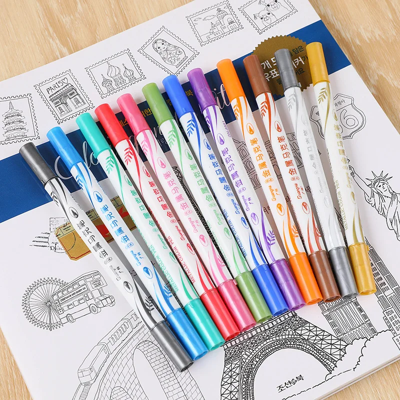 12สี Art Marker Set Pulpen คู่หัวโลหะ Spidol Warna DIY จิตรกรรมปากกาวาดลายเส้นบัญชีปากกาโรงเรียนเครื่องเขียน