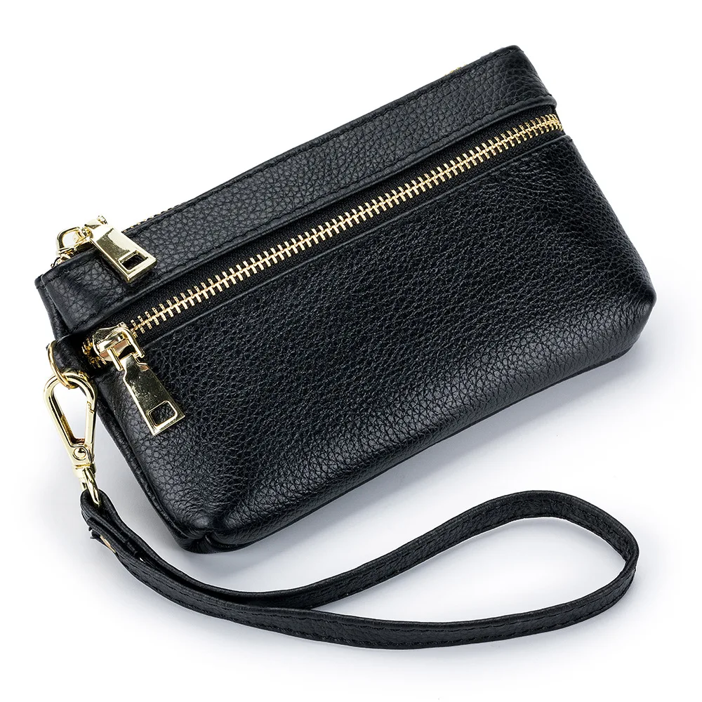 A018 Zipper Style Women Hand Wrist Strap Grip Bag Daily Small Items Trip Wallet Fashion Lady First Layer Cow Leather Coin Purses