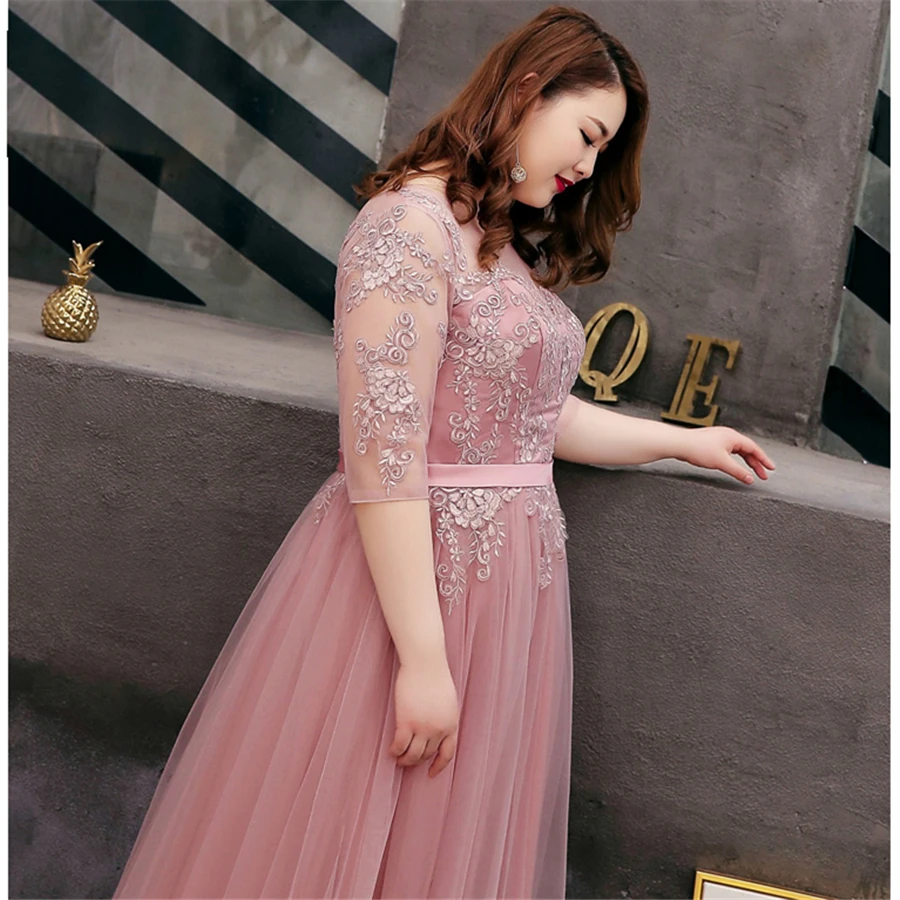 Evening Dresses Bean paste O-neck Floor Length  Robe De Soiree Short Sleeve Women Party Dresses 2019 Plus Size Formal Gowns T086