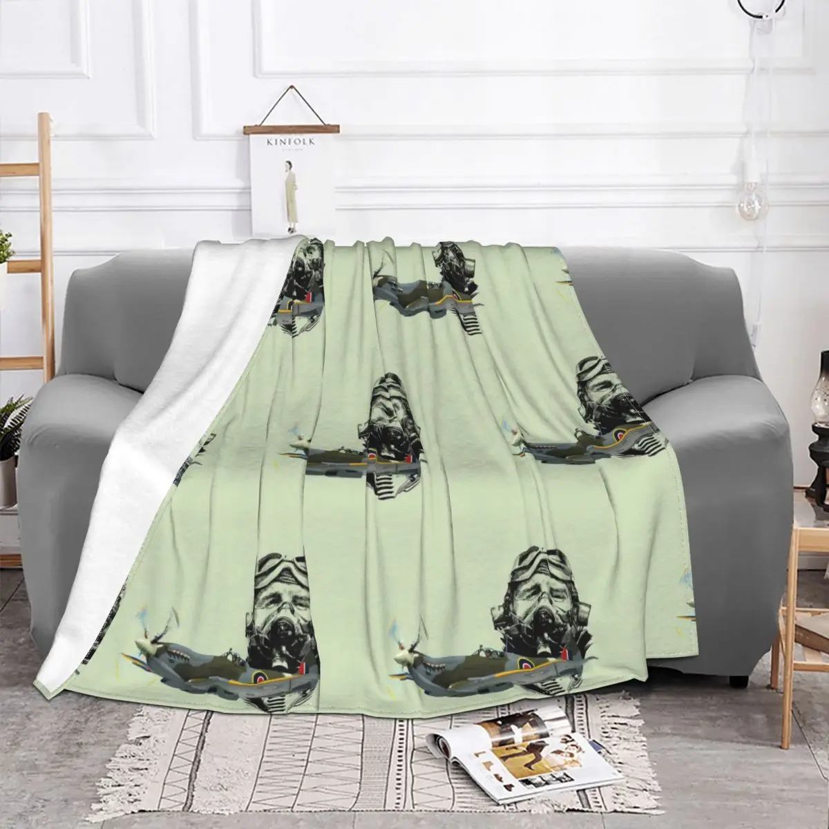 Pilot Spitfire Flannel Throw Blanket Air Fighter Army Helmet Blanket for Bedding Outdoor Lightweight Thin Plush Thin Quilt