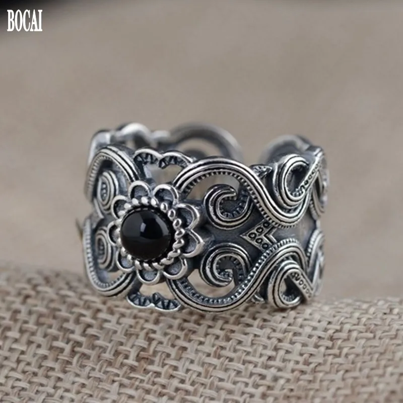 

Real S925 pure silver jewelry vintage Thai silver ring for men and women carved pattern wide version men and women silver rings