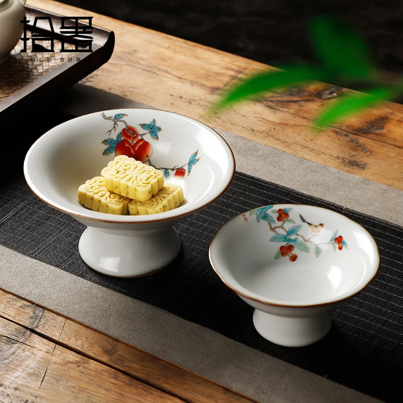 

Ruyao ceramics high foot high plate Japanese snack refreshment plate Chinese dried fruit tray tray for Buddha fruit basket