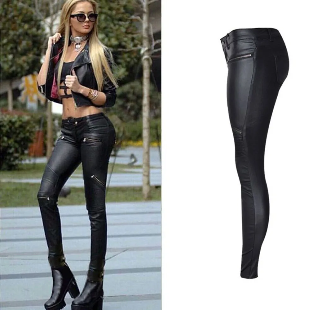 Winter Autumn PU Leather Coated Denim Pants for Women Sexy Tight Stretchy Rider Leggings Black Rock Steampunk Party Costume