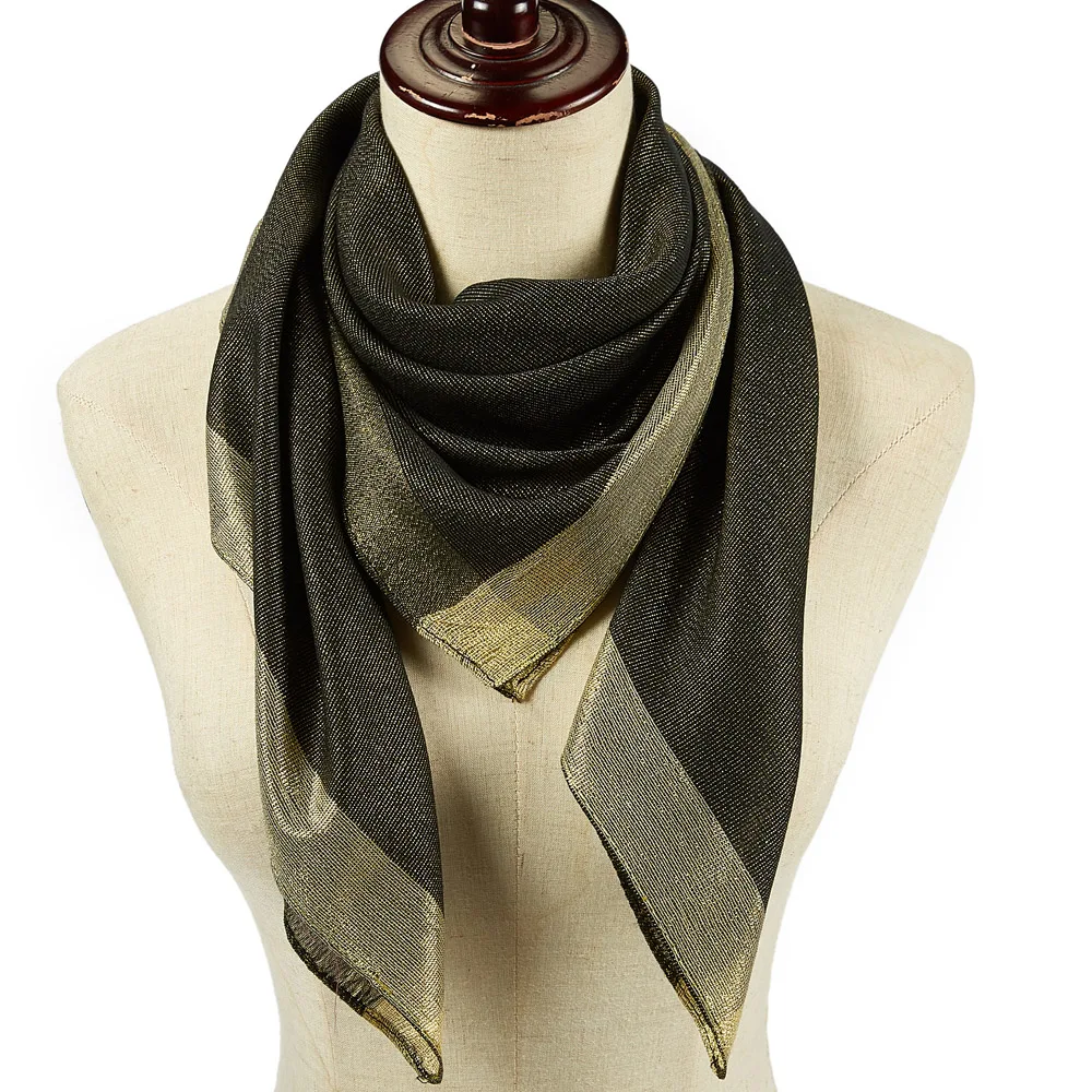 Solid Square Scarf With Golden Lurex Border Plain Head Scarves For Women Shawl Light Weight Basic Style 90*90 cm