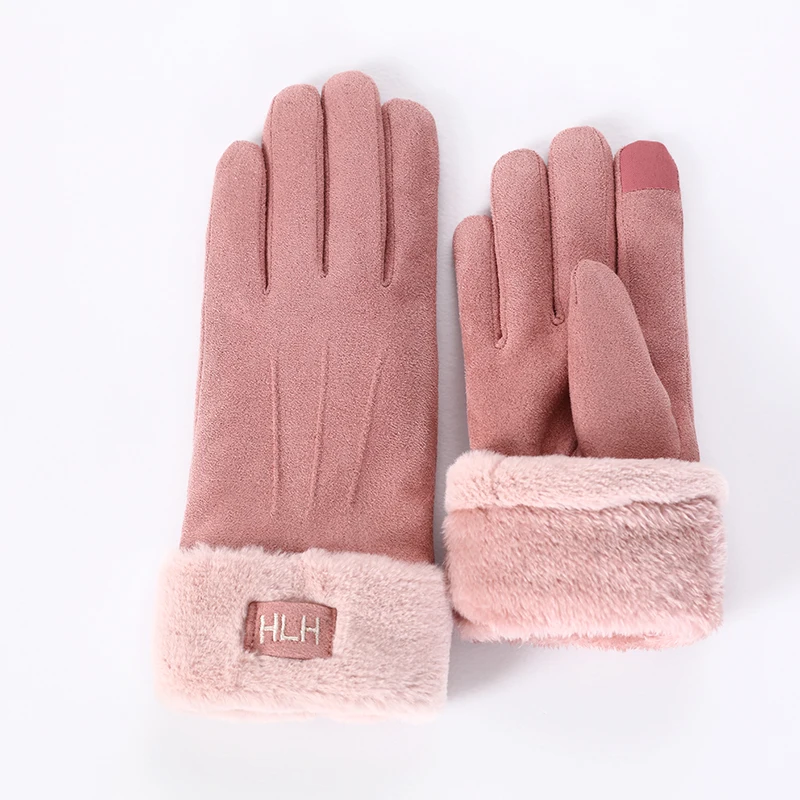 Winter Female Warm Suede Leather Letter Outdoor Sport Cycling Mitten Women Double Thick Plush Touch Screen Driving Glove 81B