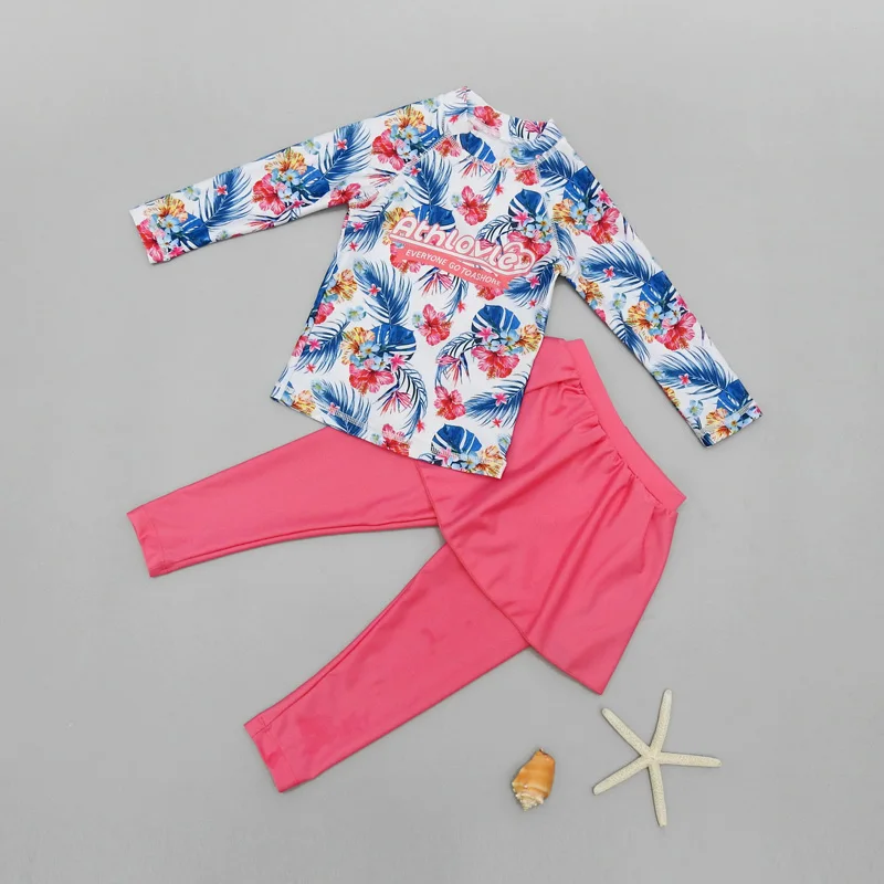 Girl Two Pieces Suit 3-11 Year Children Long Sleeve Skirt Swimsuit 2021 Kid Cute Flower Print Swimwear Baby Bathing Suit