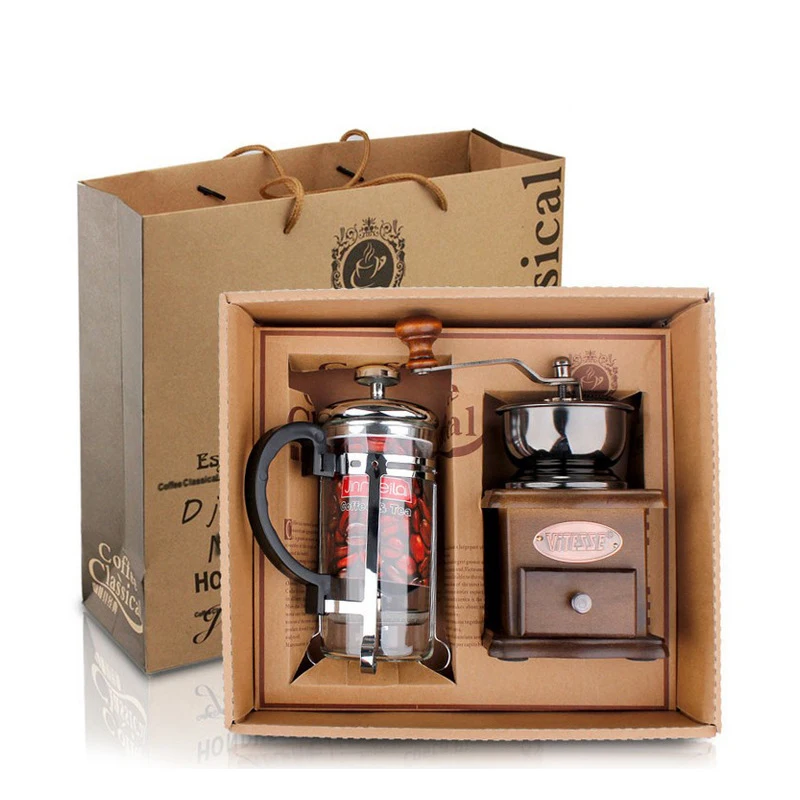 Retro Wooden Manual Coffee Grinder & French Press Coffee Pot Set Hand-grinding Miller Coffee Bean Hand Milling Machine Gift Box