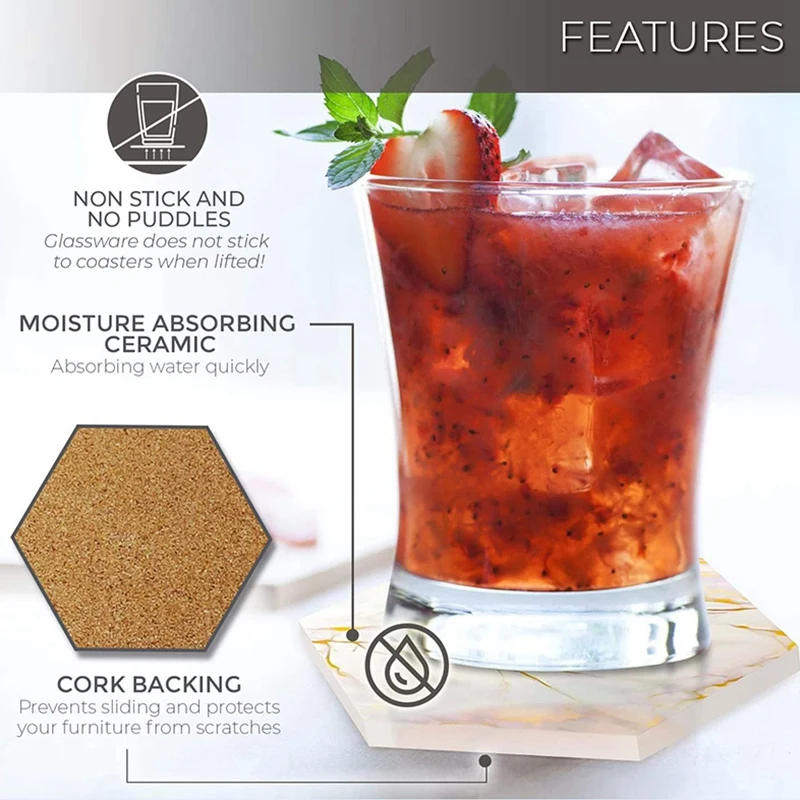 8 PC Coasters for Drinks Absorbent with Holder Marble Design Ceramic Coaster Set Super Absorbent Hot and Cold Drink