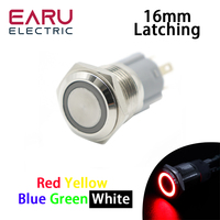 16mm Waterproof Power Press Metal Push Button Switch Latching Self-Lock Fixation LED Light 3V 5V 6V 12V 24V 220V Red Blue Green