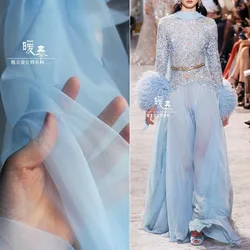 Pearlescent Tulle Fabric Organza Sky Blue Smooth DIY Background Decor Veil Fluffy Skirts Gown Lace Wedding Dress Designer Fabric