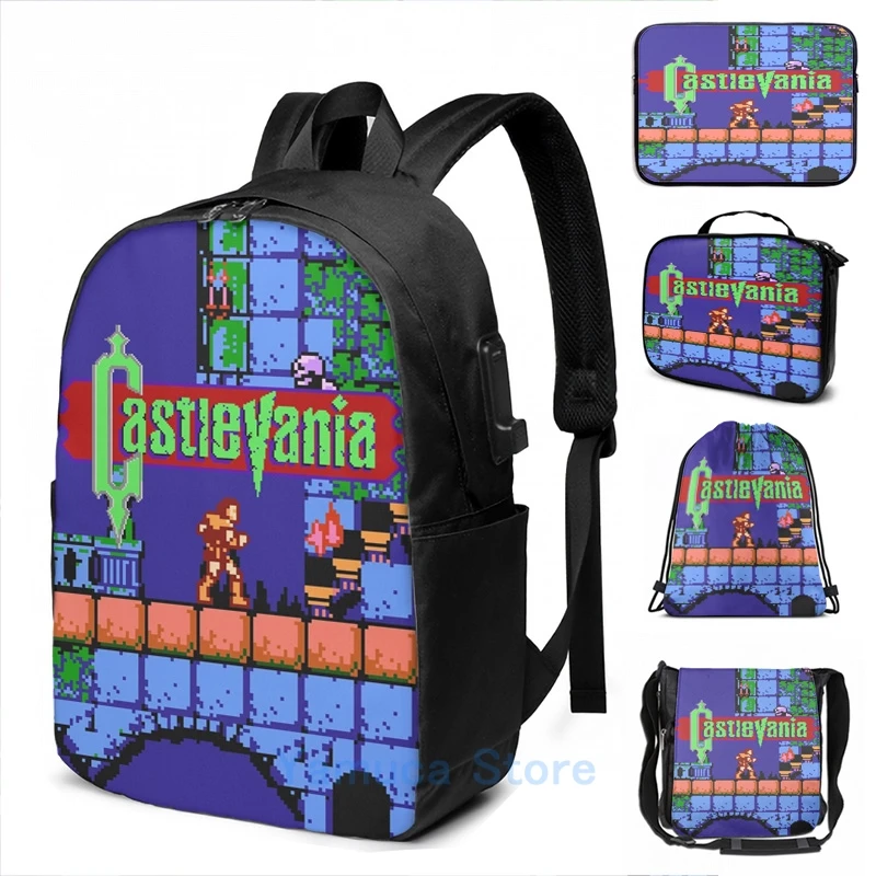 Funny Graphic print Castlevania (NES) USB Charge Backpack men School bags Women bag Travel laptop bag