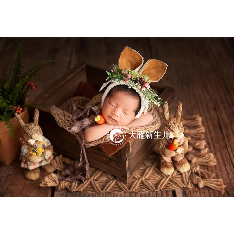 Accessoires de photographie de nouveau-né, chapeau de lapin en paille de Style campagnard de noël, tenue de Studio pour séance Photo de bébé fille