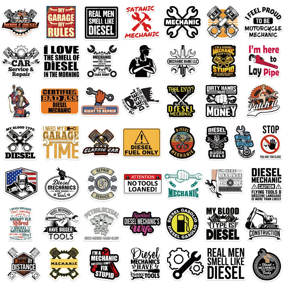 10/30/50pcs Cartoon Diesel Mechanic Sign Graffiti Stickers DIY Skateboard Motorcycle Laptop Car Phone Luggage Waterproof Sticker