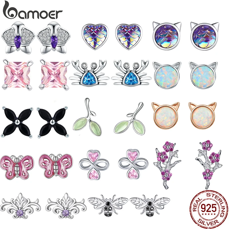 BAMOER 100% 925 Sterling Silver Vintage Pattern Ear Studs Heart Butterfly Crab Purple CZ Earrings for Women Party Jewelry Gift