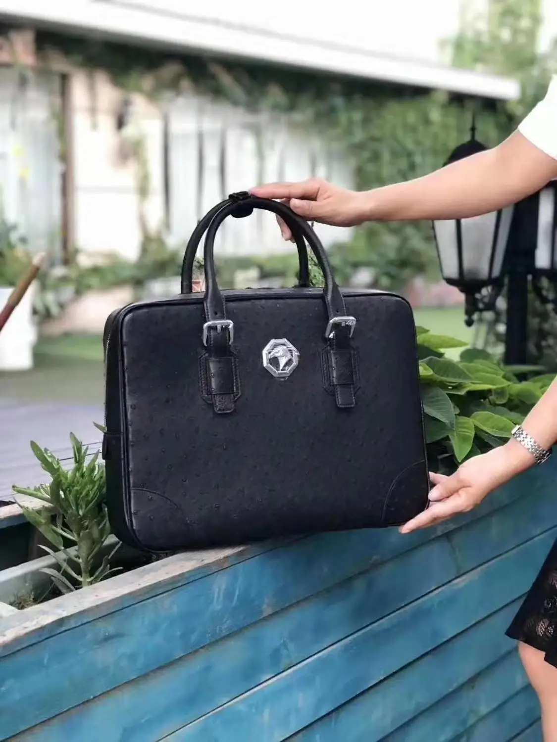 Luxe Kwaliteit High-End Echte Echte Struisvogelhuid Mannen Zakelijke Aktetas Laptoptas Tas Zwarte Koffie Bruine Koe Huid Voering