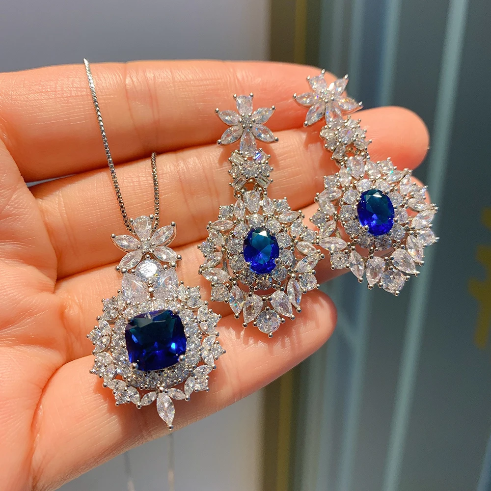 Luxury Ruby Sapphire Jewelry Sets for Women High Carbon Diamond Gemstone Wedding Party Earrings Pendant Necklace Birthday Gift