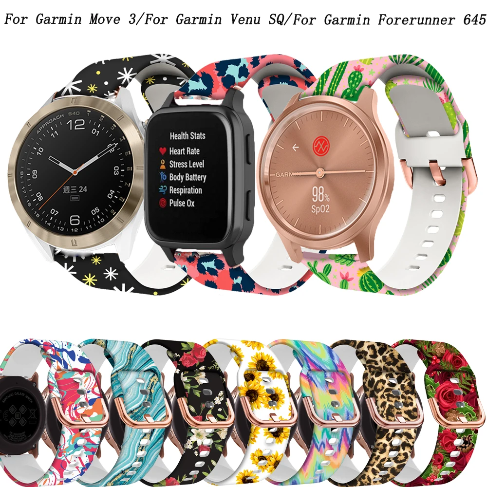 Correa de silicona con impresión de 20mm para reloj Garmin Approach S40/vivoactive 3/HR/3t/645, correa de pulsera para Garmin Venu SQ /Move 3