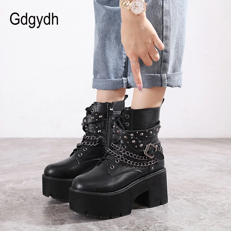 Gdgydh 2022 Gothic Black Ankle Boots For Women Plus High Heel Female Shoes Lace-Up Nigh Club Black Sexy Rivets Chain Short Boots