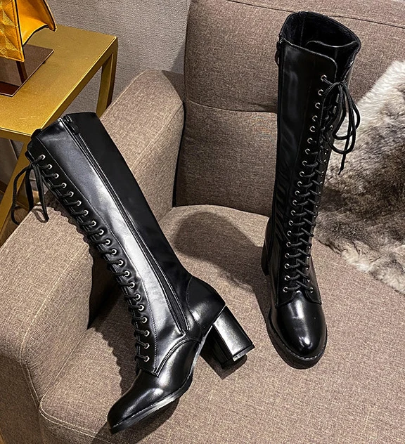 British Style Woman 7cm Chunky Heels Lace Up knee Boots Ladies Winter Fashion Motorcycle Boots Zipper Boots