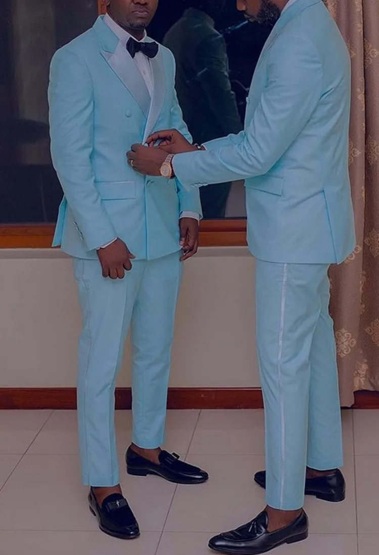 

Double Breasted Men Suits Light Blue Groom Tuxedos Peak Satin Lapel Groomsmen 2 Pieces Set ( Jacket + Pantst + Bow Tie ) D387