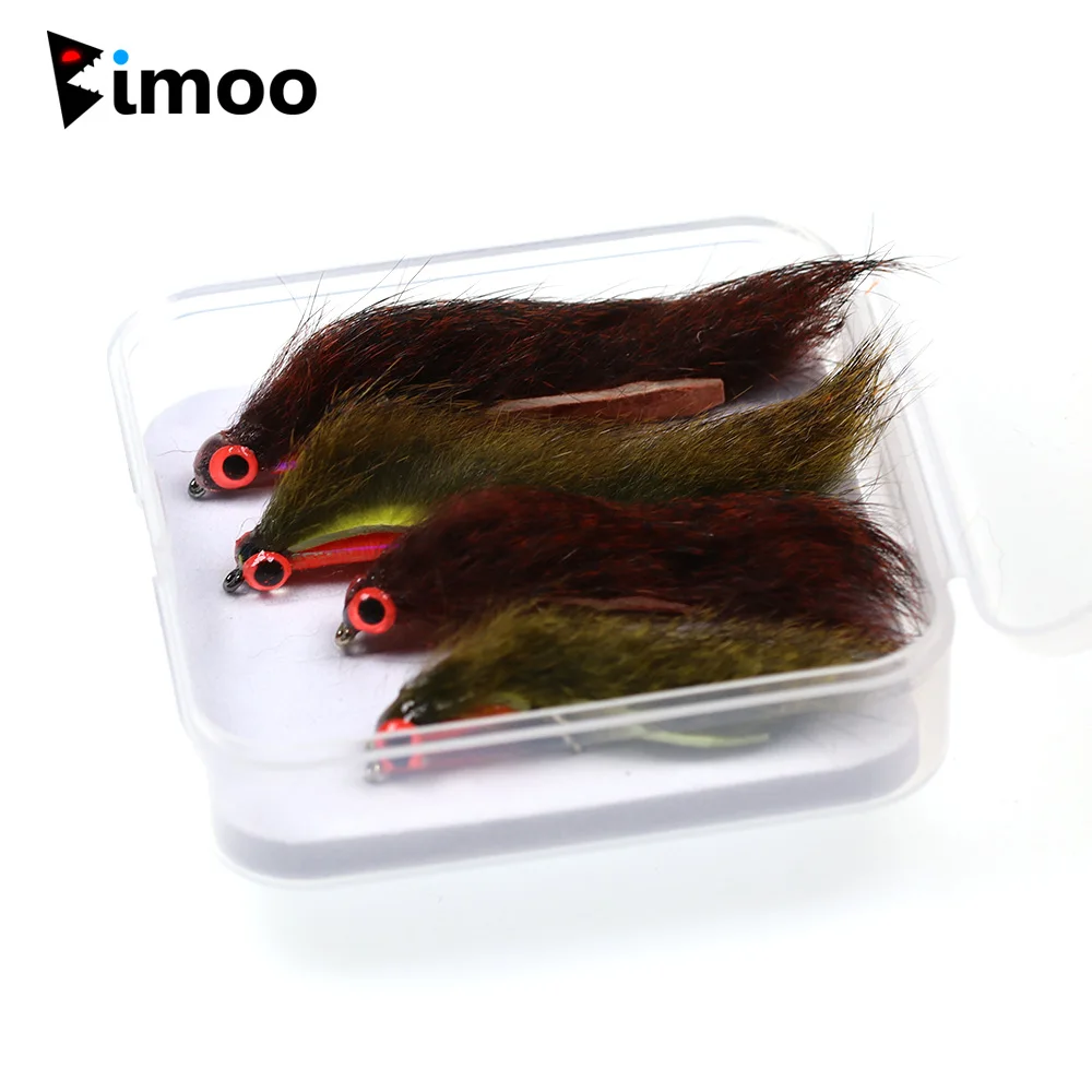 Bimoo 4PCS #6 #8 Olive/Red-Brown Squirrel Strip Zonker Fly Streamers with 3D Luminous Eye Trout Pike Bass Fishing Lure Bait