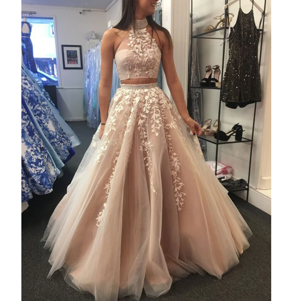 

two pieces prom dresses 2020 halter neckline lace sequins beading a line champagne crystal evening dresses