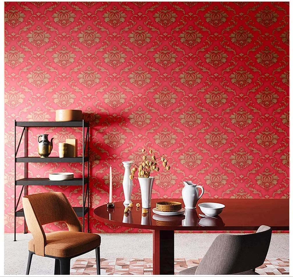 Hdhome Rood Goud Damasks Schil En Stok Behang Pvc Waterdichte Muur Decor Vinyl Removal Zelfklevende Contact Papier Decoratieve