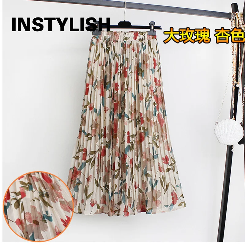 

Instylish Summer High Waist Floral Print Chiffon Skirt for Women Casual Bohemian Pleated Midi Skirt Vacation Beach Party Wear