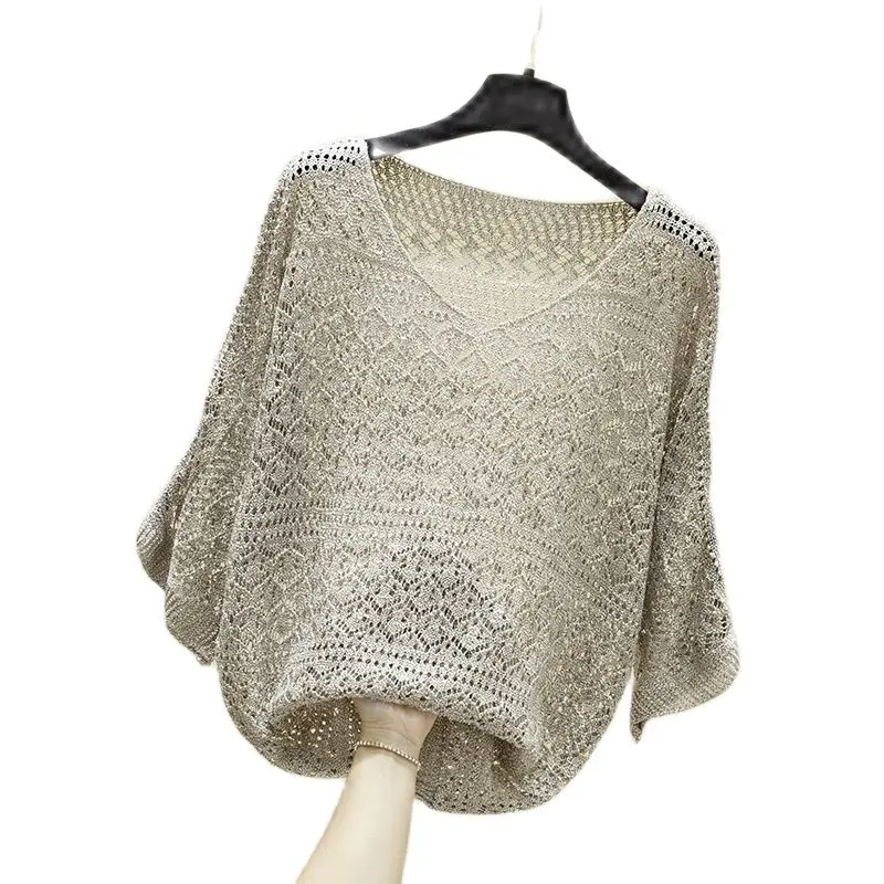 ms v-neck sweater loose languid is lazy wind thin with western style hollow out knitting render unlined upper garment