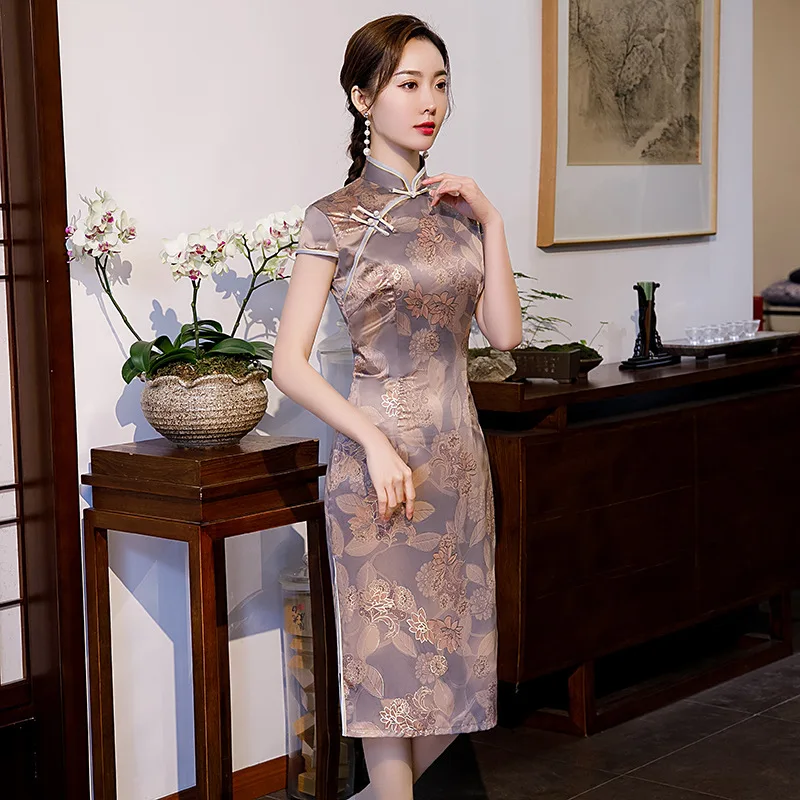 Robes à fleurs Qipao mi-longues pour femmes, Style chinois rétro, bouton plat, mode rétro, Cheongsam Slim, printemps 2020