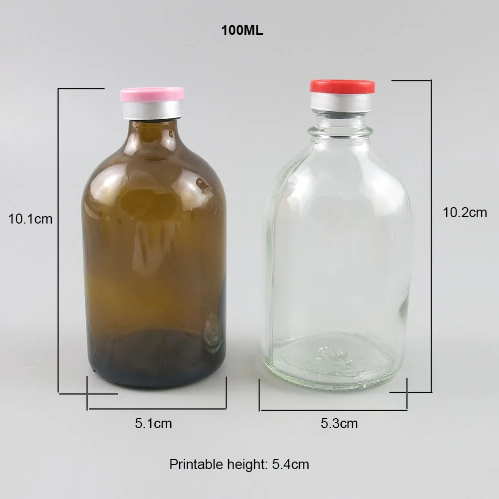 Empty 100ML 50ML Amber Injection Glass Vial with Plastic Aluminium Cap 100CC Brown Liquid Medicine Glass Containers