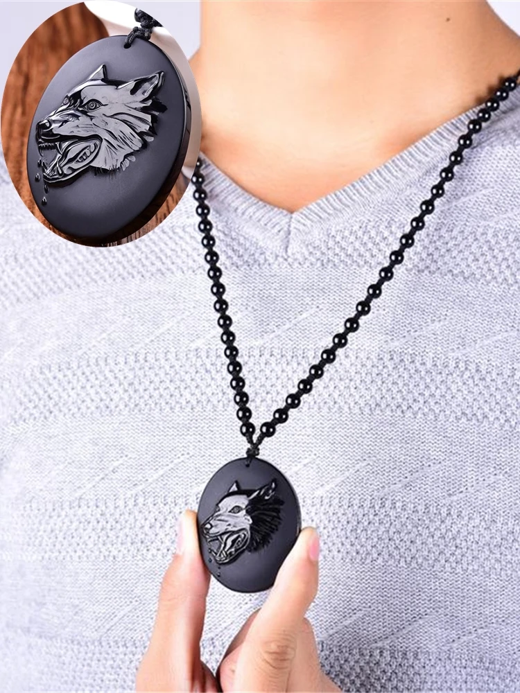 

Natural obsidian wolf head necklace pendant hand carved wolf head black gemstone lucky amulet men jewelry jewelry gift