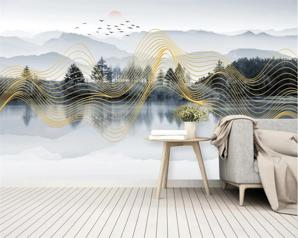 beibehang Customize new stylish modern minimalist hand-painted golden line ink wood papel de parede 3d wallpaper papier peint