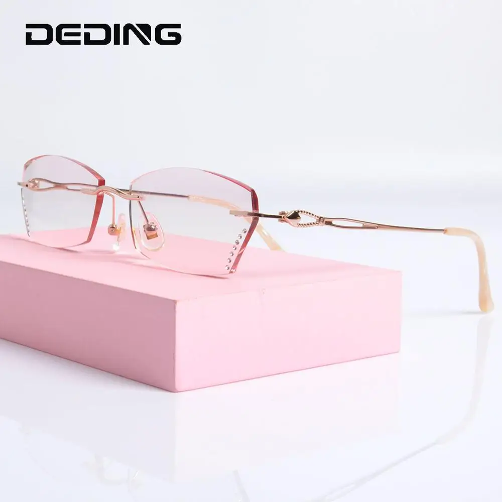 

Titanium Rimless Glasses Women Anti Blue Light Lens Diamond Trim Prescription Optical Eyeglasses Frame Eyewear DD1574