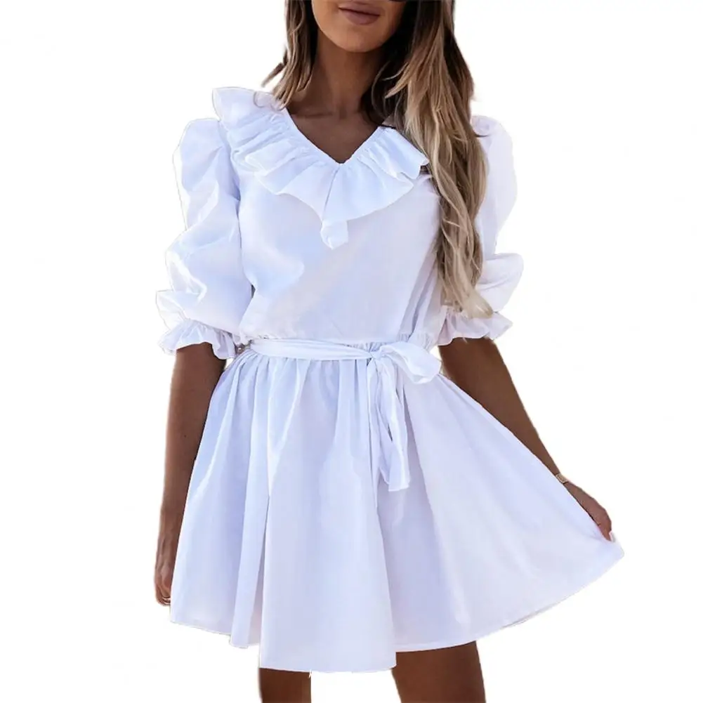 Dress Solid Color Ruffle Short Women V Neck Tight Waist Dress for Outdoor