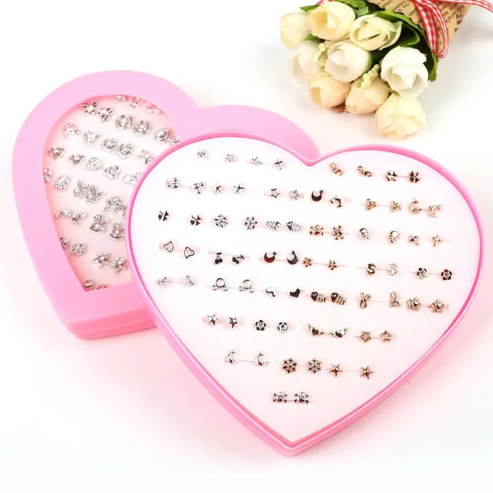 36Pairs Mix Mini Cryatal Flower Clay Earring Stud Set Fruit Cartoon Hypoallergenic Plastic Earrings For Child With Heart Box